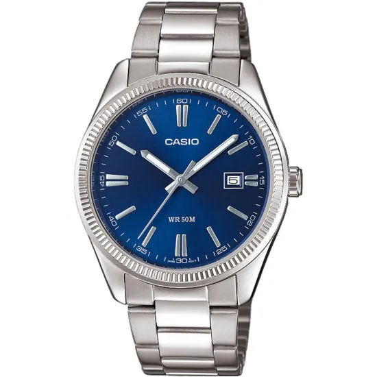 Casio Herrenuhr rund silberfarben blau mit Edelstahlband MTP-1302PD-2AVEF