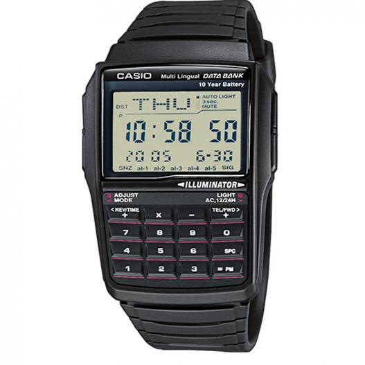 Casio Herrenuhr schwarz mit Taschenrechner und Resinband DBC-32-1AES