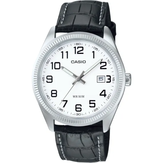 Casio Herrenuhr silberfarben weiß mit schwarzem Lederband MTP-1302PL-7BVEF