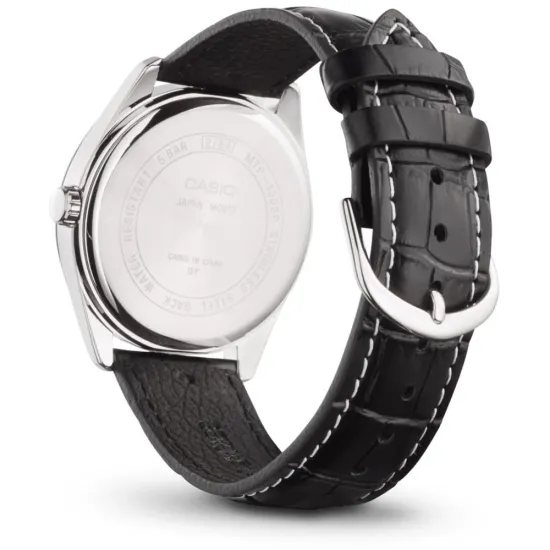 Casio Herrenuhr silberfarben weiß mit schwarzem Lederband MTP-1302PL-7BVEF