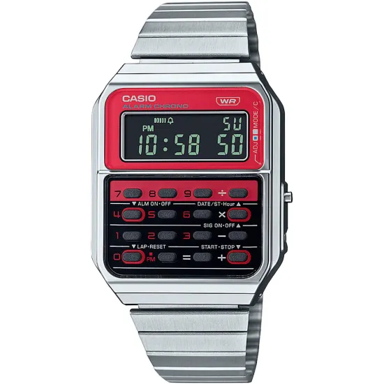 Casio Vintage Armbanduhr digital Retro Pop mit Taschenrechner silberfarben rot CA-500WE-4BEF