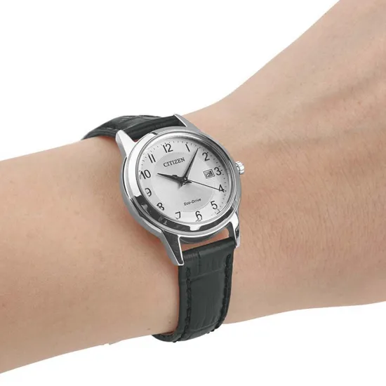 Citizen Damenuhr Eco Drive Solar Edelstahl Lederband schwarz FE1081-08A