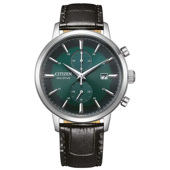 Citizen Eco Drive Herrenuhr Solar Chrono Edelstahl mit schwarzem Lederband CA7069-24X