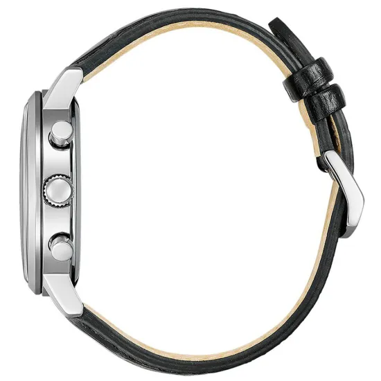 Citizen Eco Drive Herrenuhr Solar Chrono Edelstahl mit schwarzem Lederband CA7069-24X