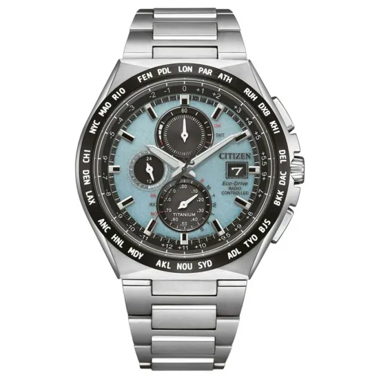 Citizen Eco Drive Solar Funk Chronograph Titan hellblau silberfarben schwarz AT8238-84M