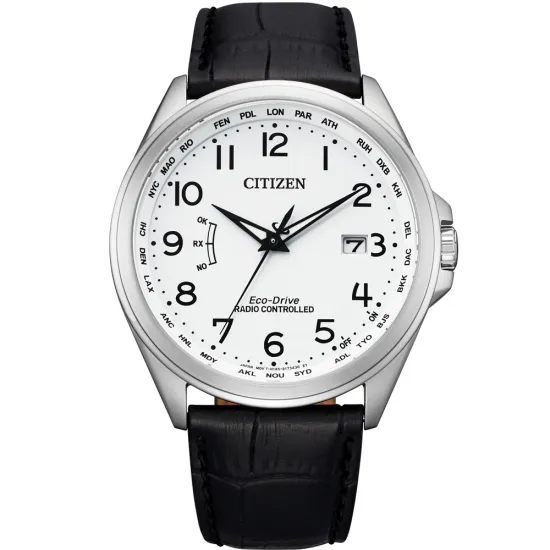 Citizen Herrenuhr Funk Solar silberfarben mit schwarzem Lederband CB0250-17A