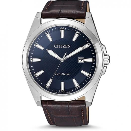 Citizen Herrenuhr silberfarben blau mit braunen Lederband BM7108-22L