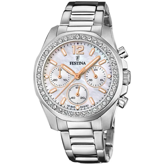 Festina Chrono Damenuhr Boyfriend Edelstahlband silberfarben Zifferblatt Perlmutt F20606/1
