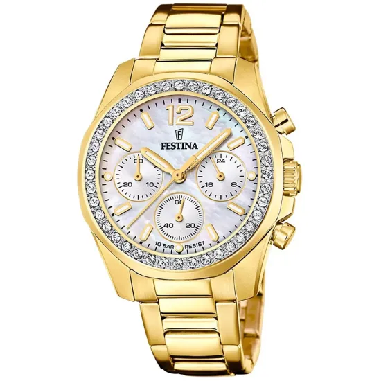 Festina Chronograph Damenuhr Boyfriend goldfarben Perlmutt Zifferblatt F20609/1