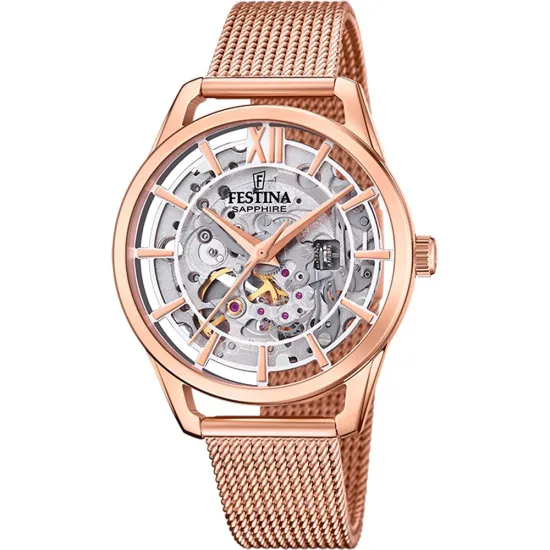 Festina Damenuhr Automatik Skelett aus Edelstahl rosegoldfarben F20628/2