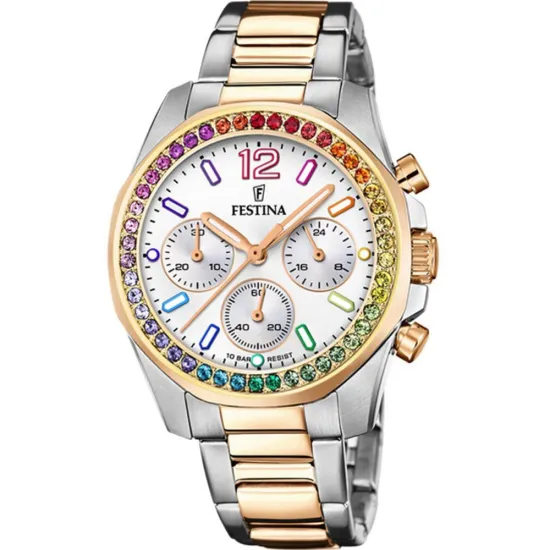 Festina Damenuhr Boyfriend Rainbow bicolor silber goldfarben mit Edelstahlband F20608/2