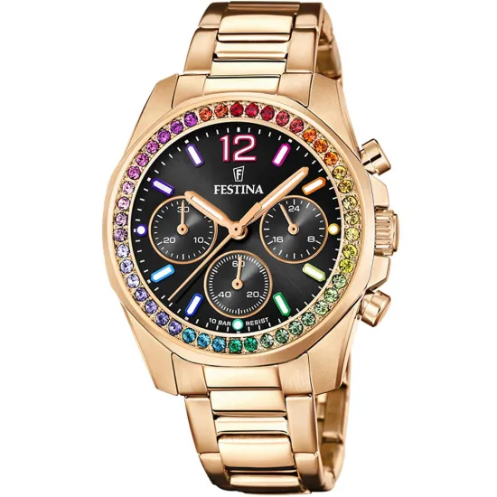 Festina Damenuhr Boyfriend Rainbow Edelstahlband rosegoldfarben schwarz Chronograph F20639/3