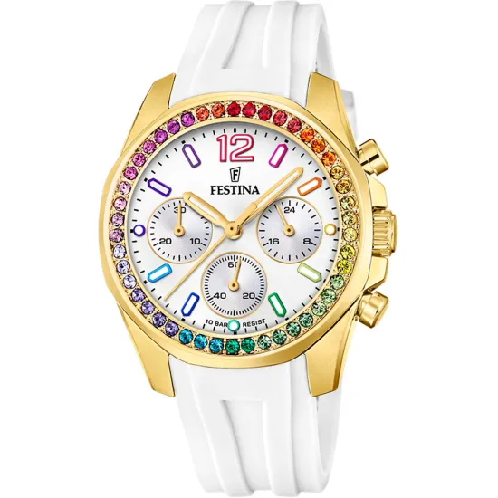 Festina Damenuhr Boyfriend Rainbow goldfarben mit weissen Silikonband F20650/2