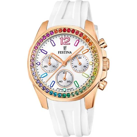 Festina Damenuhr Boyfriend rainbow rosegoldfarben mit weissen Silikonband F20611/2