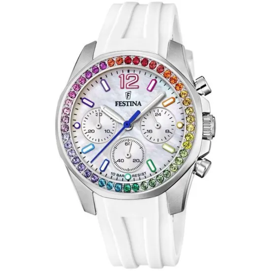 Festina Damenuhr Boyfriend Rainbow silberfarben mit weissen Silikonband F20610/2