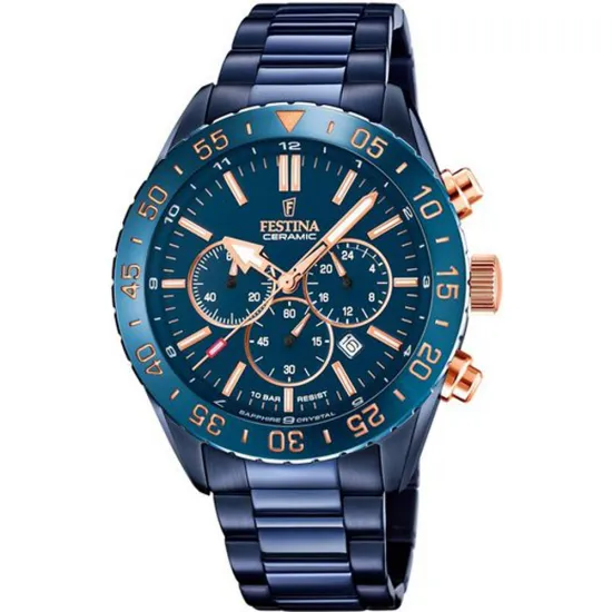 Festina Herren Chronograph Keramik blau rosegoldfarben mit Edelstahlband F20576/1