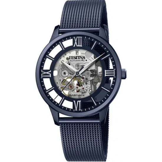 Festina Herrenuhr Automatik Skelett blau mit Milanaiseband F20574/1