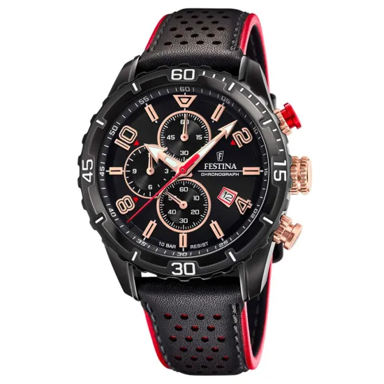 Festina Herrenuhr Chronograph Sport Lederband schwarz rot 44 mm F20519/4