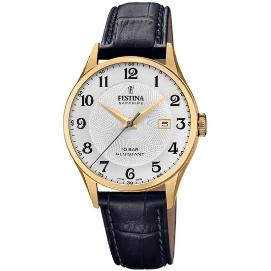 Festina Herrenuhr Swiss Made goldfarben Lederband schwarz Zifferblatt silberfarben F20010/1