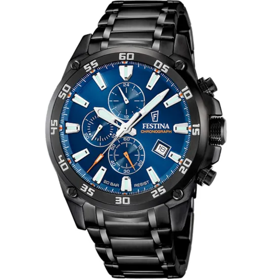Festina Herrenuhr Timeless Chrono schwarz blau mit Edelstahlband F20735/1