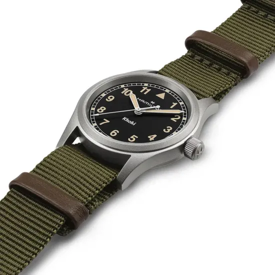 HAMILTON Armbanduhr Khaki Field 33 mm silberfarben schwarz Textilband olivegrün H69301930