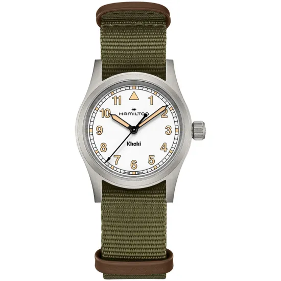 HAMILTON Armbanduhr Khaki Field 33 mm silberfarben weiss Textilband olivegrün H69301910