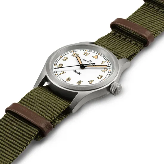 HAMILTON Armbanduhr Khaki Field 33 mm silberfarben weiss Textilband olivegrün H69301910