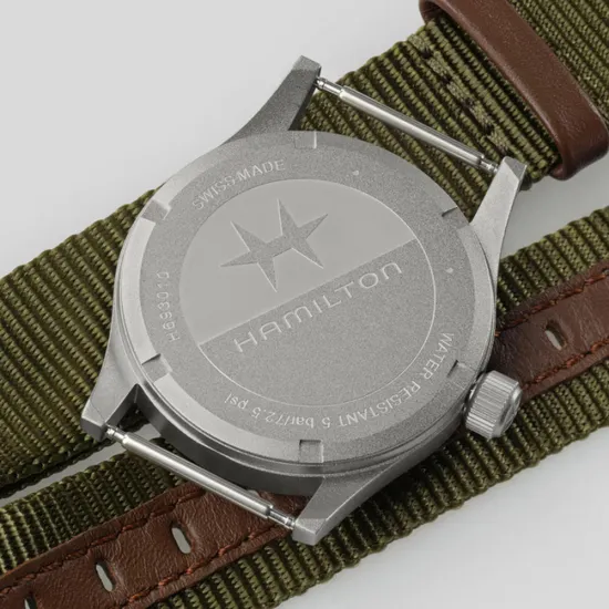 HAMILTON Armbanduhr Khaki Field 33 mm silberfarben weiss Textilband olivegrün H69301910