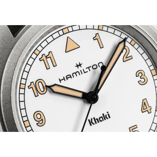 HAMILTON Armbanduhr Khaki Field 33 mm silberfarben weiss Textilband olivegrün H69301910