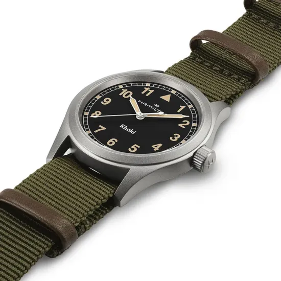 HAMILTON Armbanduhr Khaki Field 38 mm silberfarben schwarz Textilband olivegrün H69401930