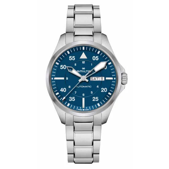 HAMILTON Herrenuhr Automatik Khaki Aviation Pilot Day Date Edelstahl blau 42 mm H64635140