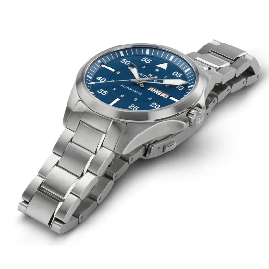 HAMILTON Herrenuhr Automatik Khaki Aviation Pilot Day Date Edelstahl blau 42 mm H64635140