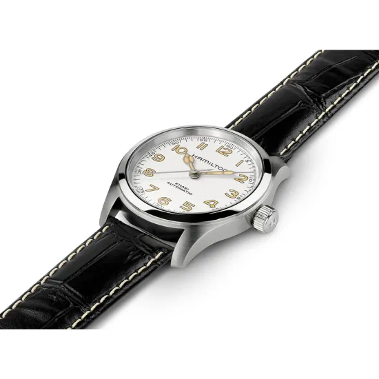 HAMILTON Herrenuhr Automatik Khaki Field Murph silberfarben weiss mit Lederband H70405710