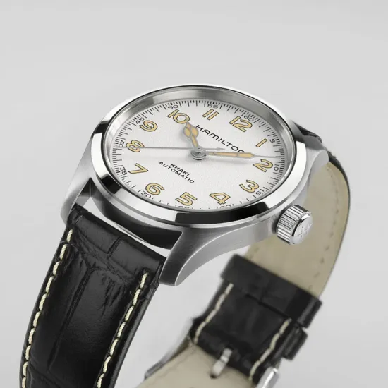 HAMILTON Herrenuhr Automatik Khaki Field Murph silberfarben weiss mit Lederband H70405710