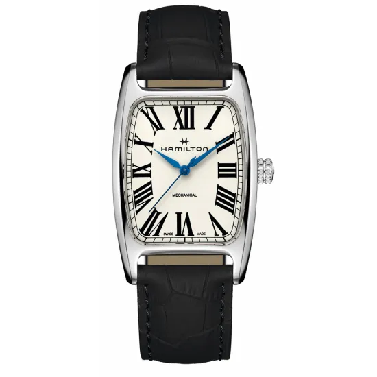 HAMILTON Herrenuhr Boulton mechanical silberfarben mit schwarzen Lederarmband H13519711