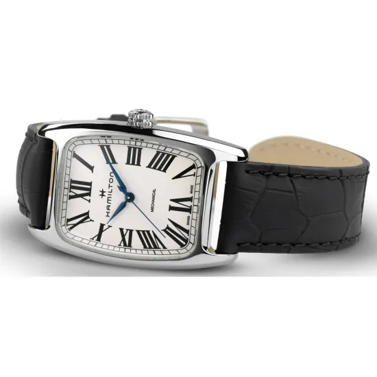 HAMILTON Herrenuhr Boulton mechanical silberfarben mit schwarzen Lederarmband H13519711