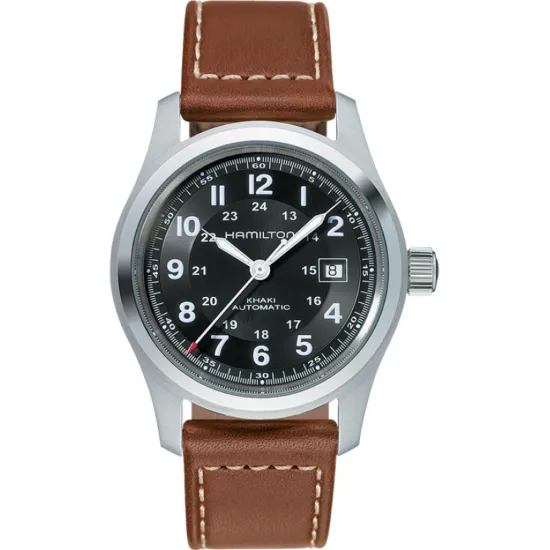 HAMILTON Herrenuhr Edelstahl mit braunem Lederband Khaki Field Automatik H70555533