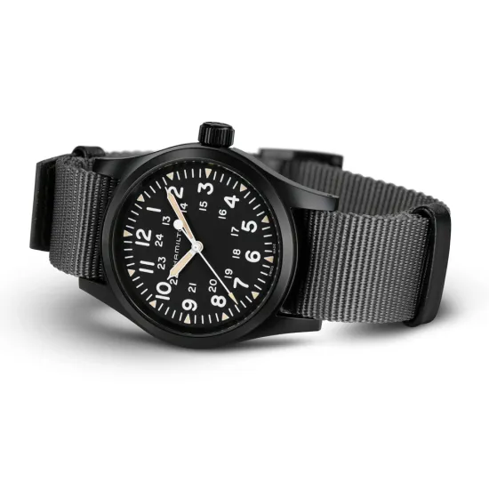 HAMILTON Herrenuhr Edelstahl schwarz mit Textilband Khaki Field Mechanical H69409930