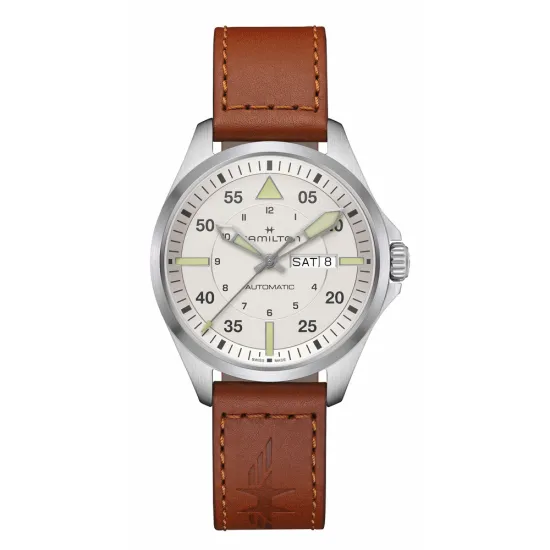 HAMILTON Herrenuhr Khaki Aviation Edelstahl Pilot Day Date Automatik Lederband H64635550