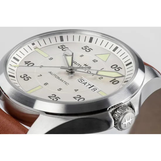 HAMILTON Herrenuhr Khaki Aviation Edelstahl Pilot Day Date Automatik Lederband H64635550