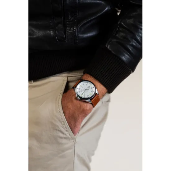 HAMILTON Herrenuhr Khaki Aviation Edelstahl Pilot Day Date Automatik Lederband H64635550