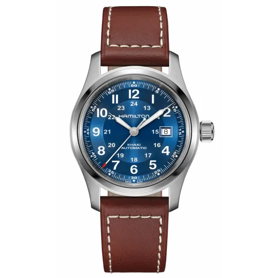 HAMILTON Herrenuhr Khaki Field Automatik blau Lederband braun 42 mm H70605540