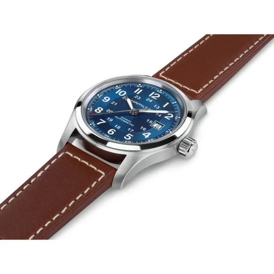HAMILTON Herrenuhr Khaki Field Automatik blau Lederband braun 42 mm H70605540