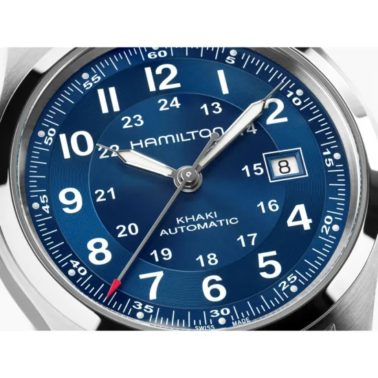 HAMILTON Herrenuhr Khaki Field Automatik blau Lederband braun 42 mm H70605540
