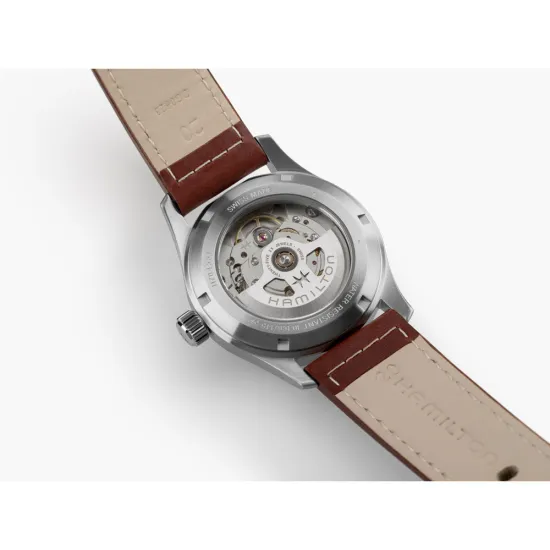 HAMILTON Herrenuhr Khaki Field Automatik blau Lederband braun 42 mm H70605540