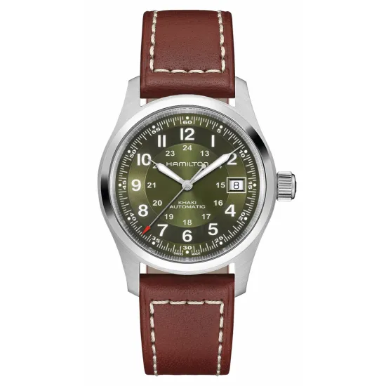 HAMILTON Herrenuhr Khaki Field Automatik grün Lederband braun 38 mm H70455560
