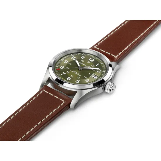 HAMILTON Herrenuhr Khaki Field Automatik grün Lederband braun 38 mm H70455560