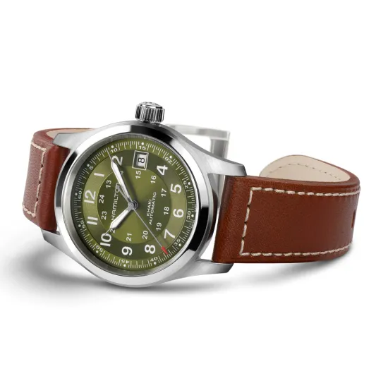 HAMILTON Herrenuhr Khaki Field Automatik grün Lederband braun 38 mm H70455560