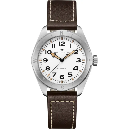 HAMILTON Khaki Field Expedition Automatik 41mm silberfarben weiss Lederband braun H70315510