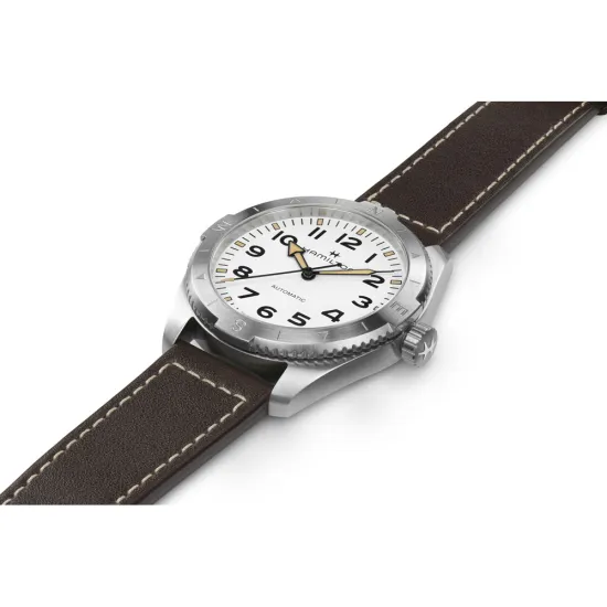 HAMILTON Khaki Field Expedition Automatik 41mm silberfarben weiss Lederband braun H70315510